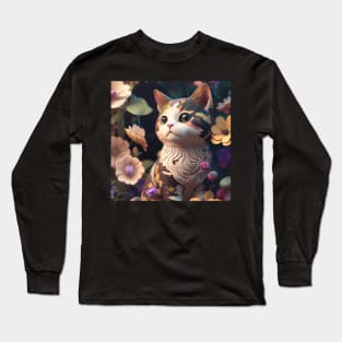 Cute Brown Kitten Flower Background | White, brown and red cat with blue eyes | Digital art Sticker Long Sleeve T-Shirt